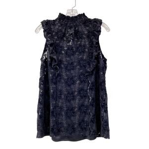Whimsigoth Dark Moody Velvet Lace Mesh Ruffle Mock Neck Sleeveless Top Sz M Edgy